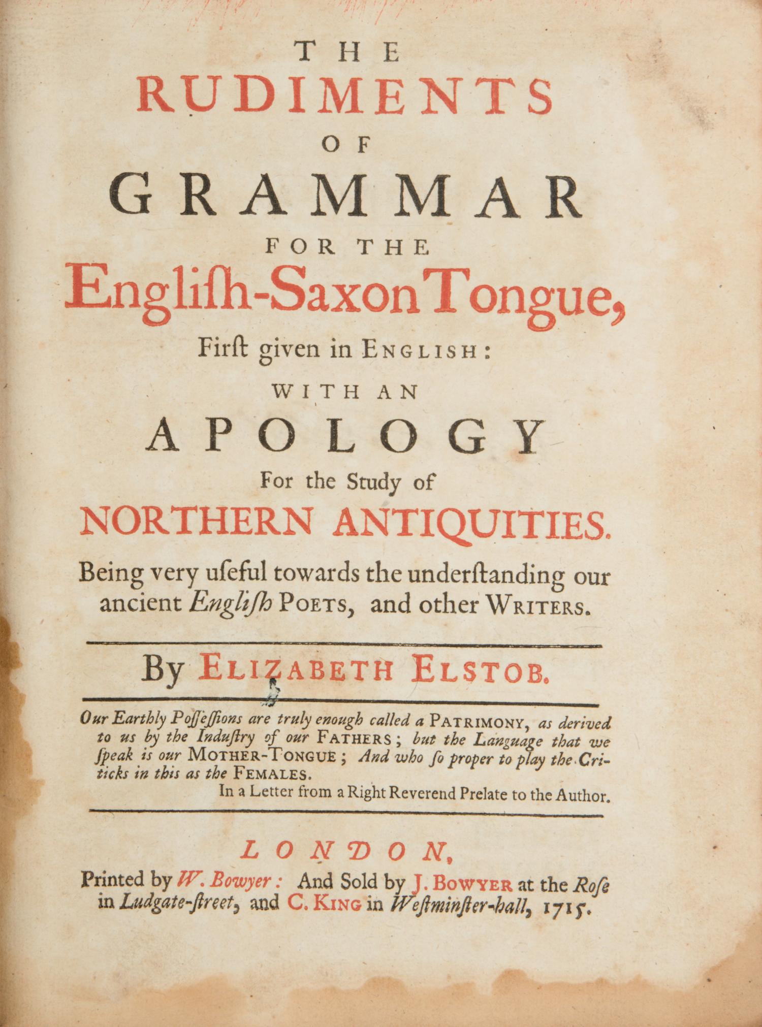 [British Isles] Elstob, Elizabeth. Rudiments of Grammar for the English-Saxon Tongue, First Given in English