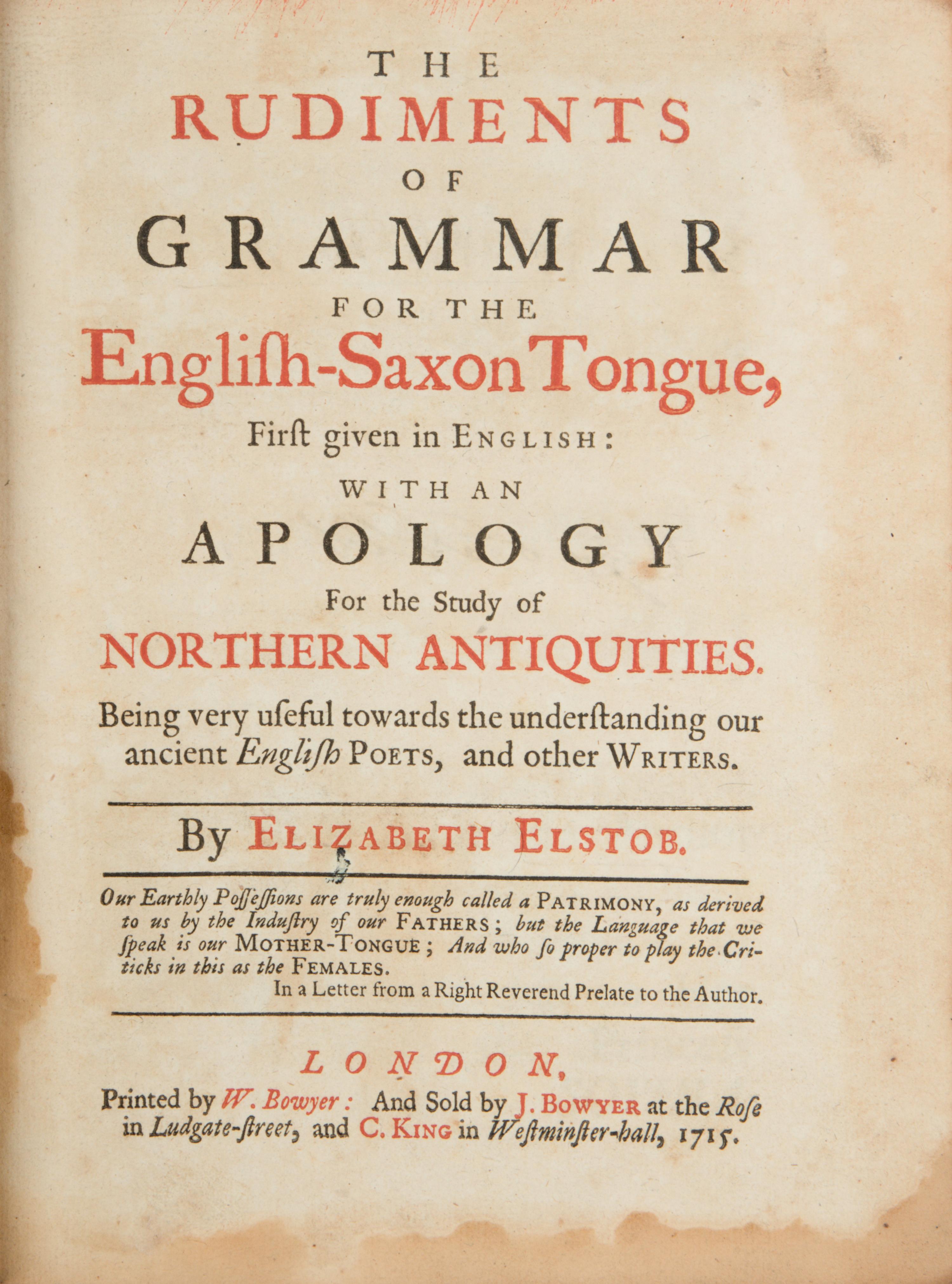 [British Isles] Elstob, Elizabeth. Rudiments of Grammar for the English-Saxon Tongue, First Given in English