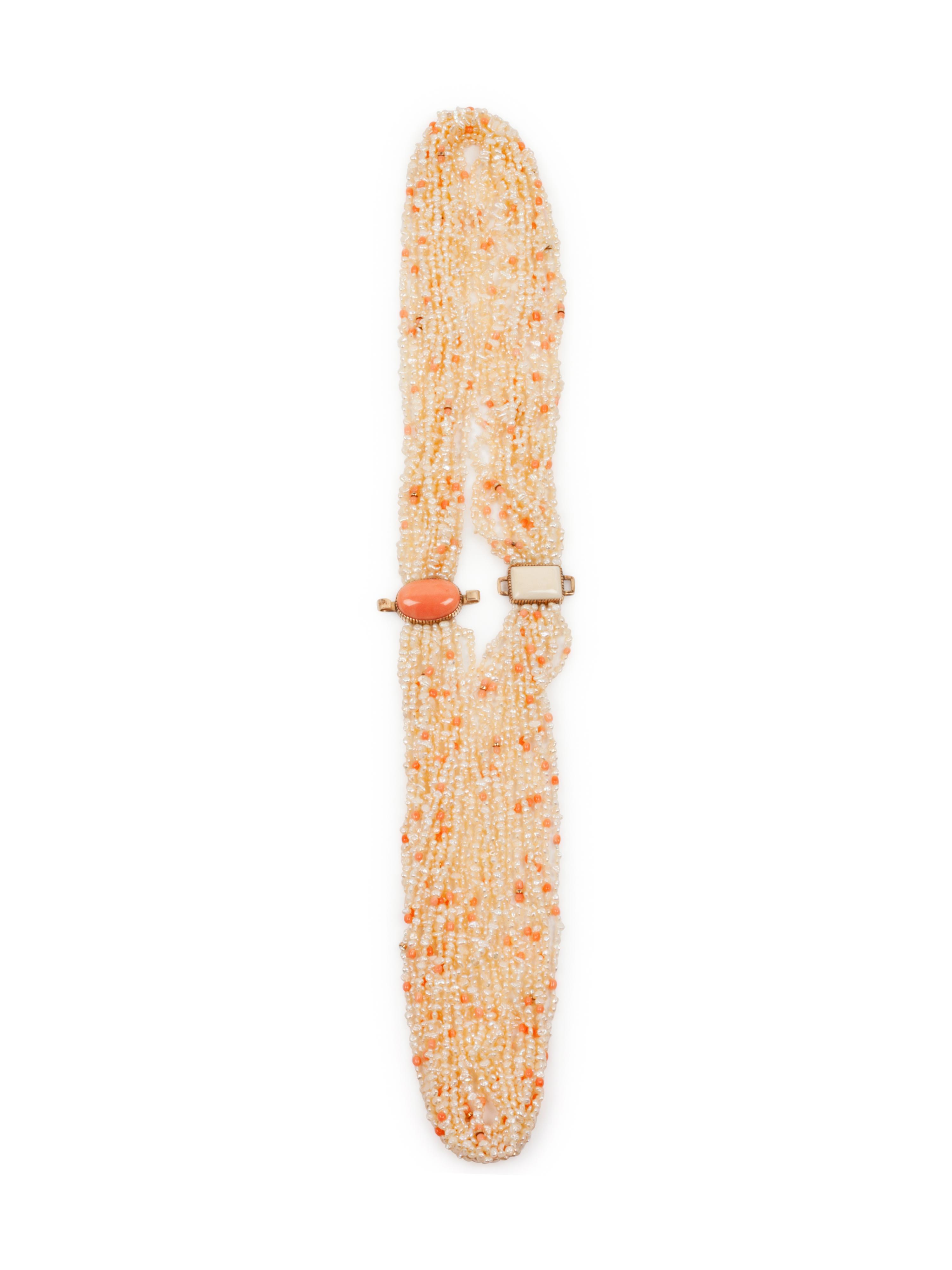 14k Gold, Pearl, and Coral Multi-Strand Necklace