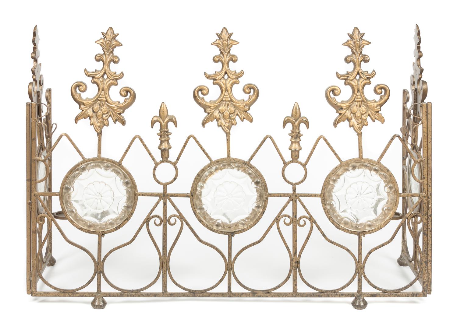 A Neoclassical Gilt Metal and Molded Glass Three-Panel Fire Screen Width of central panel 32 inches.