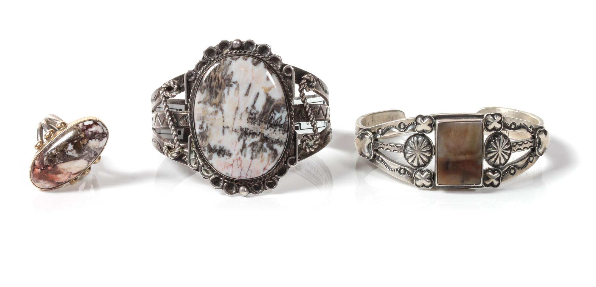 Three Southwestern Silver and Agate Jewelry Articles Length of one bracelet 5 3/8 x opening 1 1/8 x width 2 inches