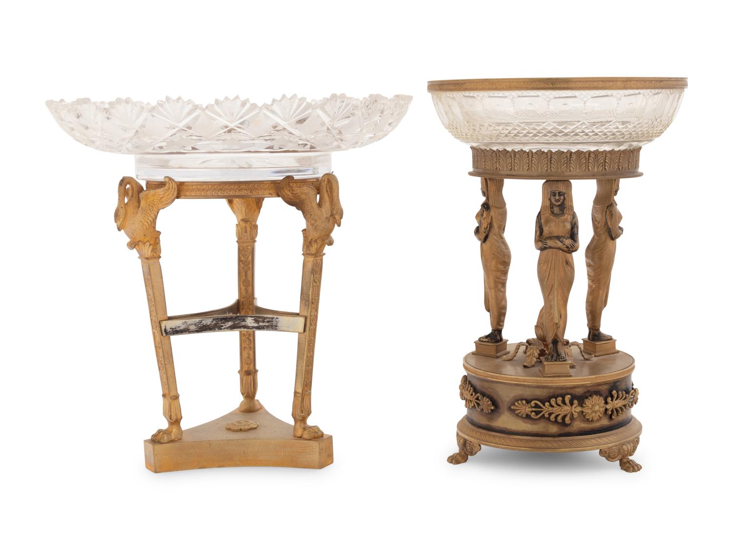 Two Empire Style Gilt Bronze and Cut Glass Centerpieces
