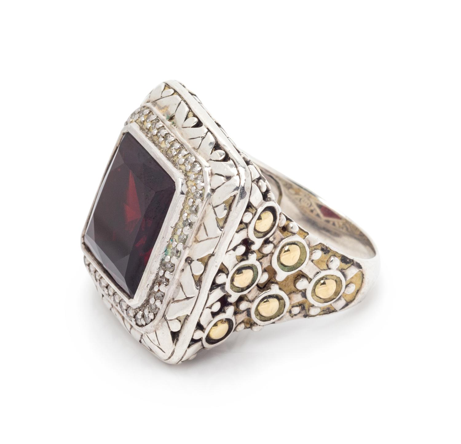 A Sterling Silver, 18 Karat Yellow Gold, Garnet and Diamond 'Batu Sari' Ring, John Hardy,