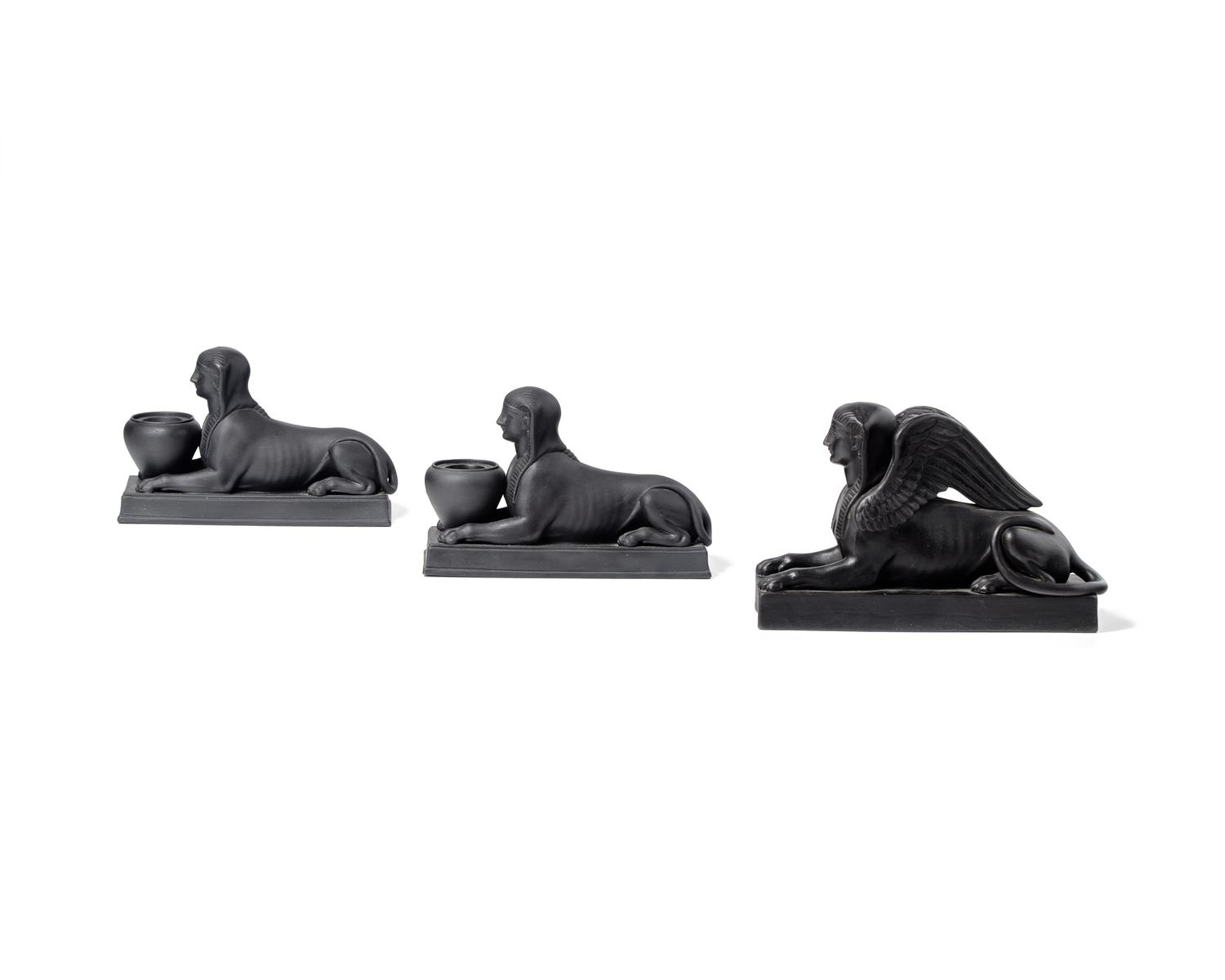 A Wedgwood Black Basalt Sphinx Figure and Two Related Inkwells