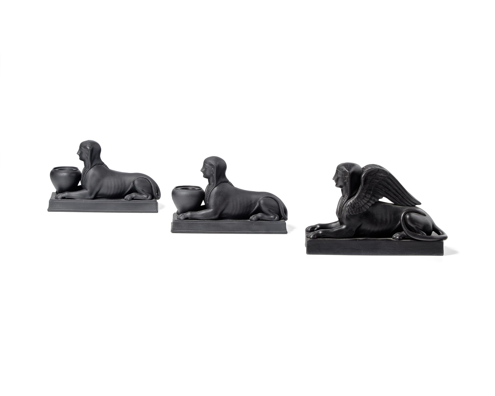 A Wedgwood Black Basalt Sphinx Figure and Two Related Inkwells