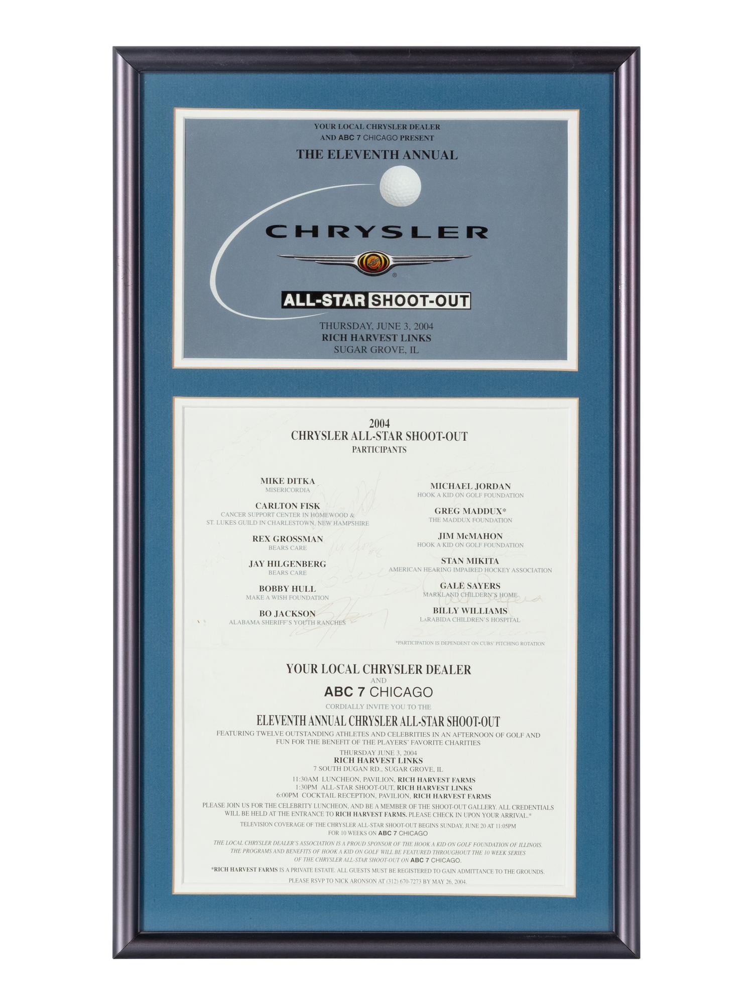 A Collection of Five Framed Chrysler Golf Shootout Signed Autograph Invitations Including Michael Jordan
