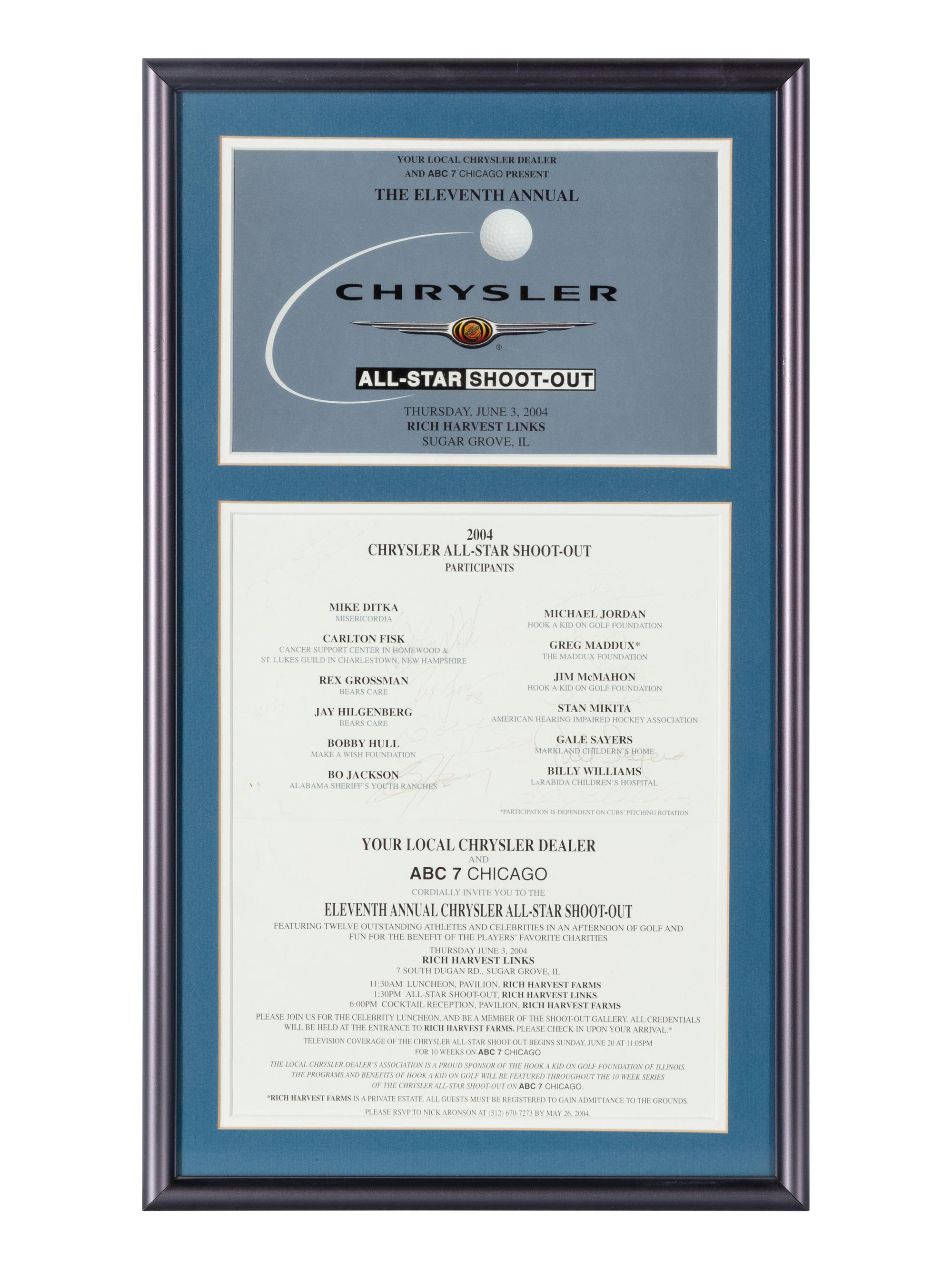 A Collection of Five Framed Chrysler Golf Shootout Signed Autograph Invitations Including Michael Jordan