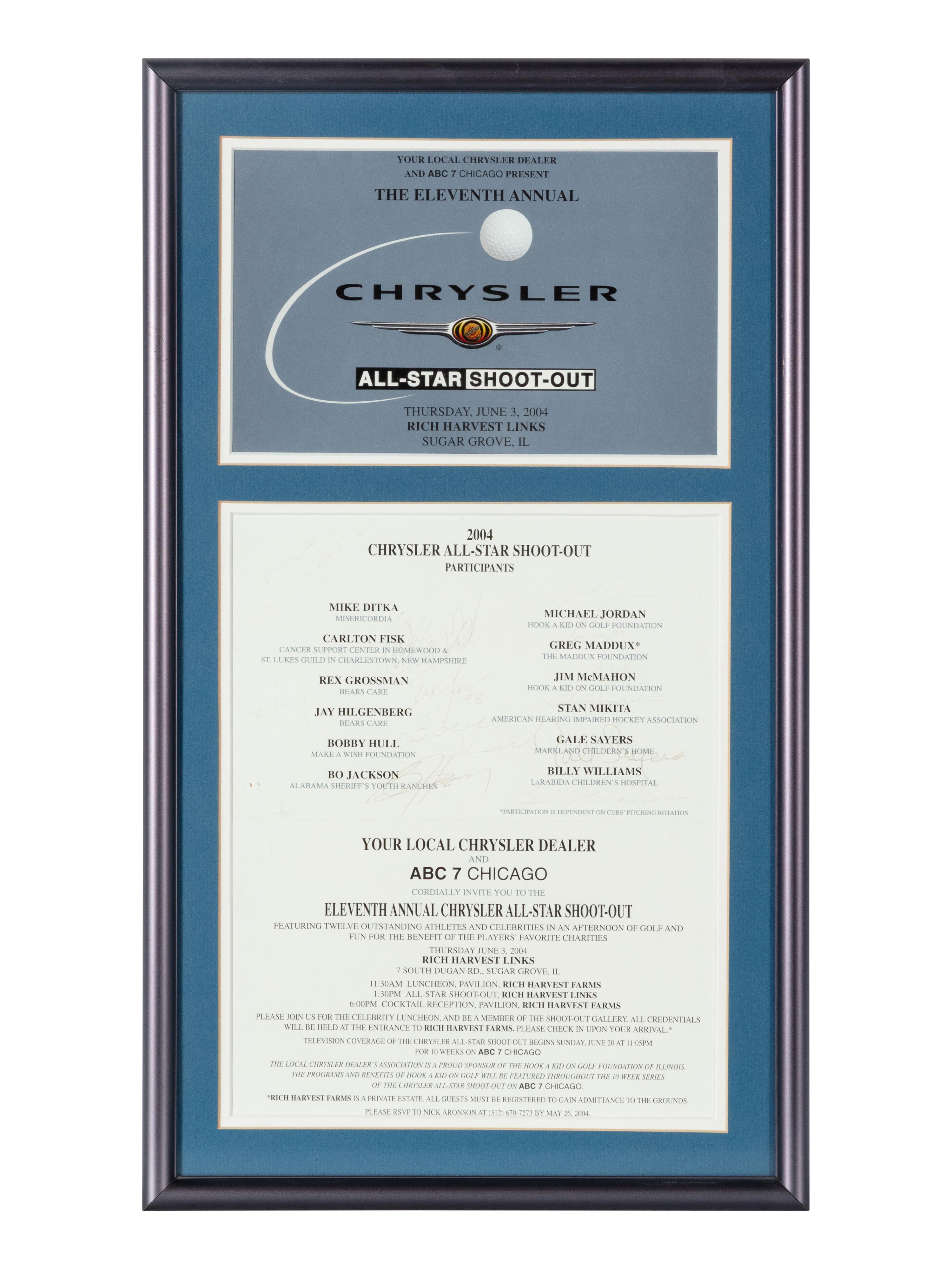 A Collection of Five Framed Chrysler Golf Shootout Signed Autograph Invitations Including Michael Jordan