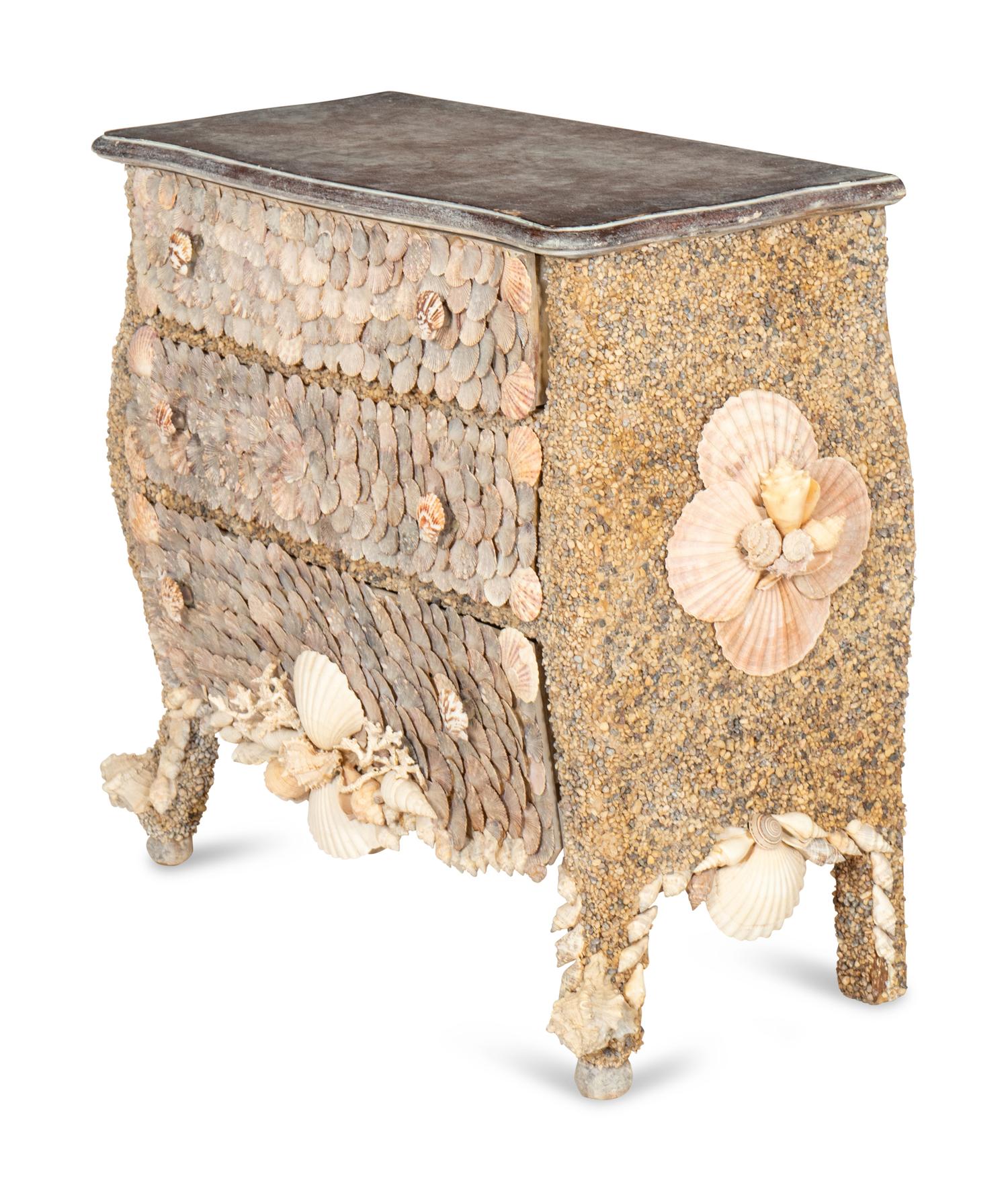 A Shellwork Encrusted-Bombe Form Commode