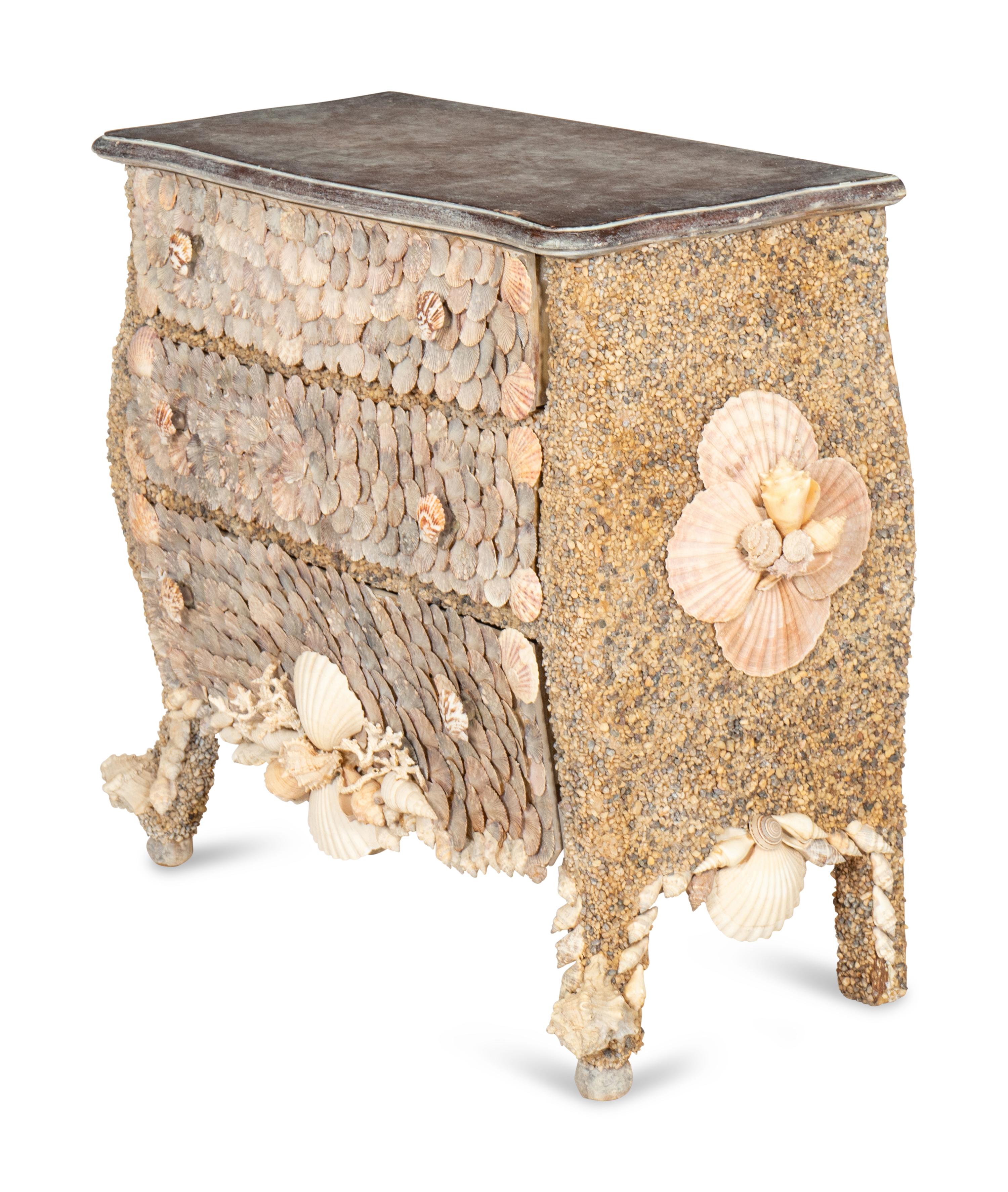 A Shellwork Encrusted-Bombe Form Commode