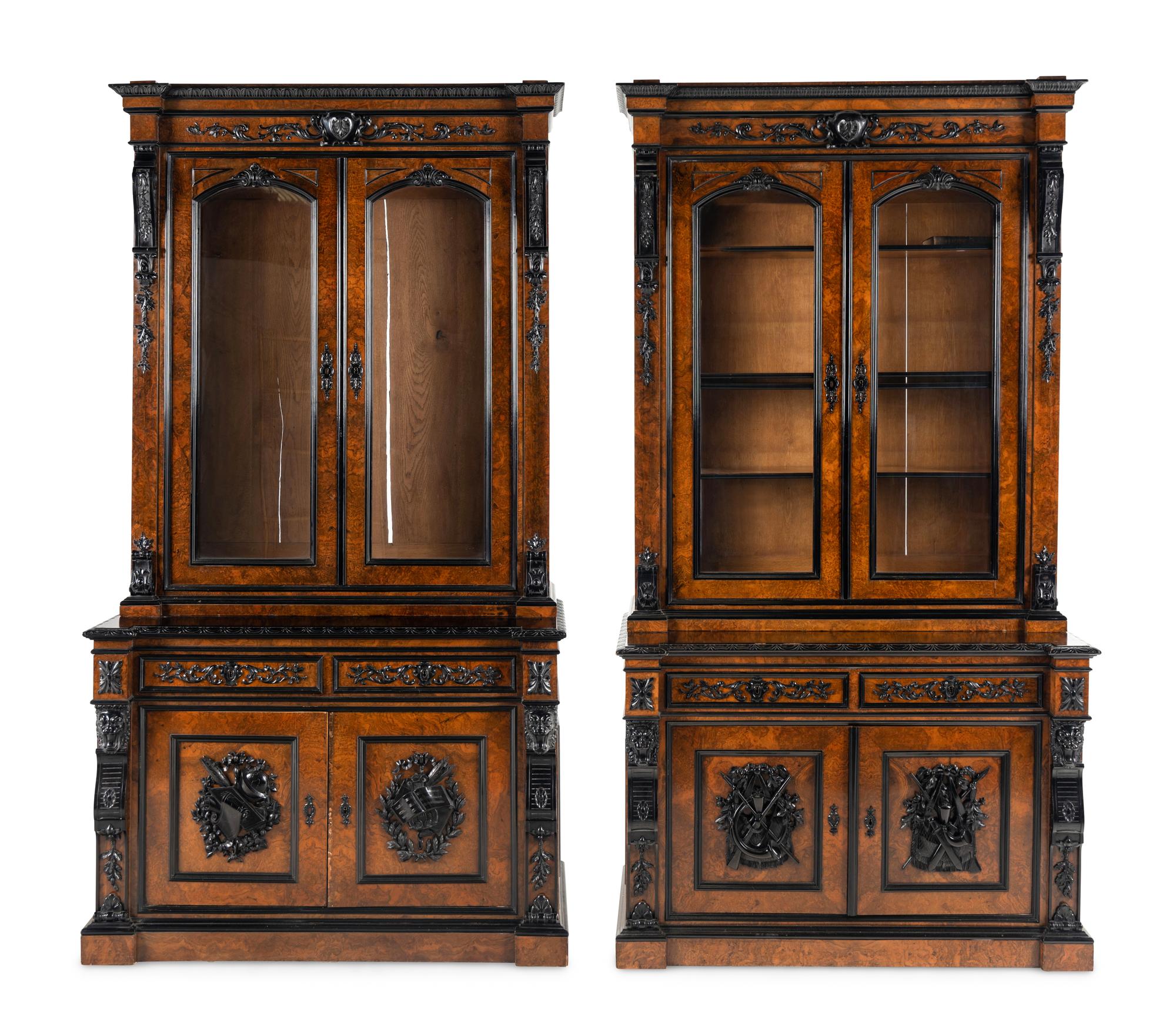 A Pair of German Burl Walnut and Part Ebonized Library Cabinets