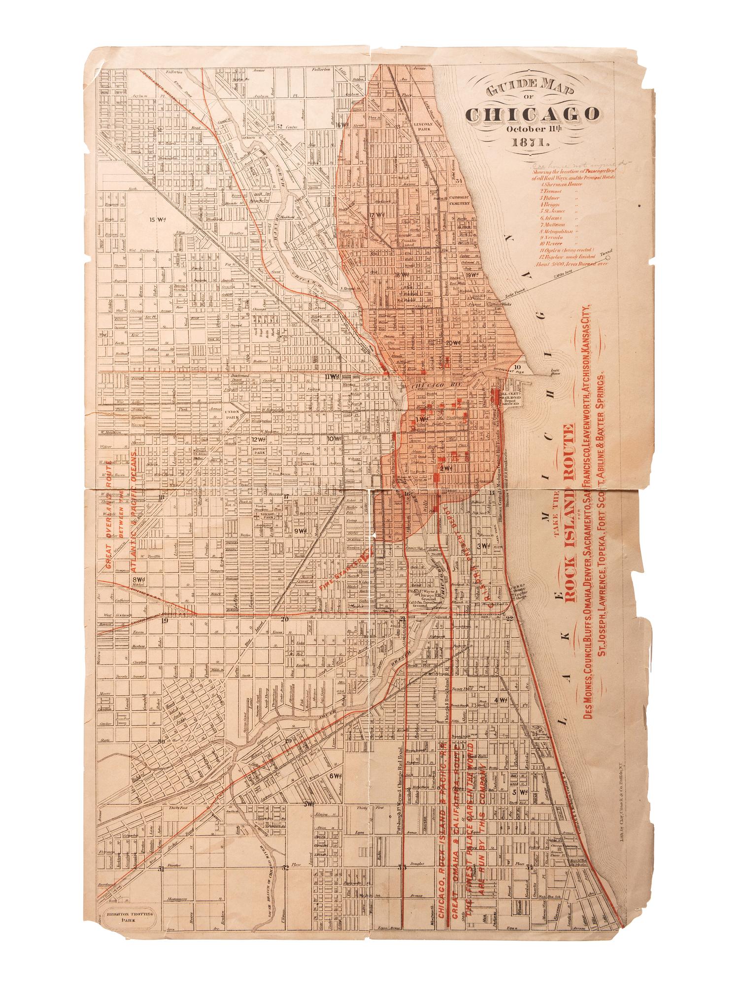 [MISCELLANEOUS PHOTOS AND DOCUMENTS] Lot of 19, including early automobiles, 19th century college catalog, map of Chicago dated Oct. 11, 1871, and more.