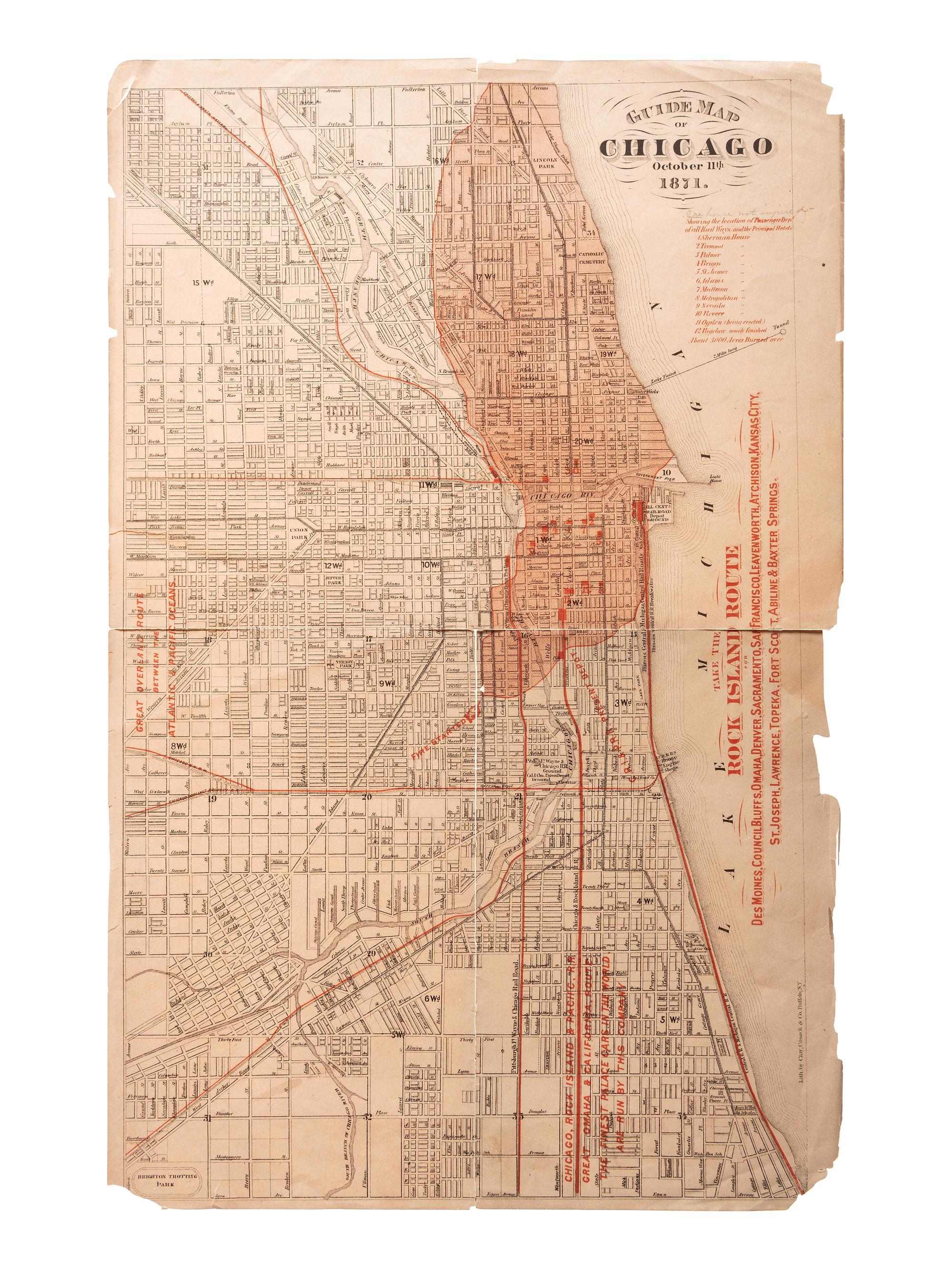 [MISCELLANEOUS PHOTOS AND DOCUMENTS] Lot of 19, including early automobiles, 19th century college catalog, map of Chicago dated Oct. 11, 1871, and more.