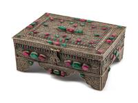 A Ruby and Emerald-Encrusted Silvered Metal Filigree Casket