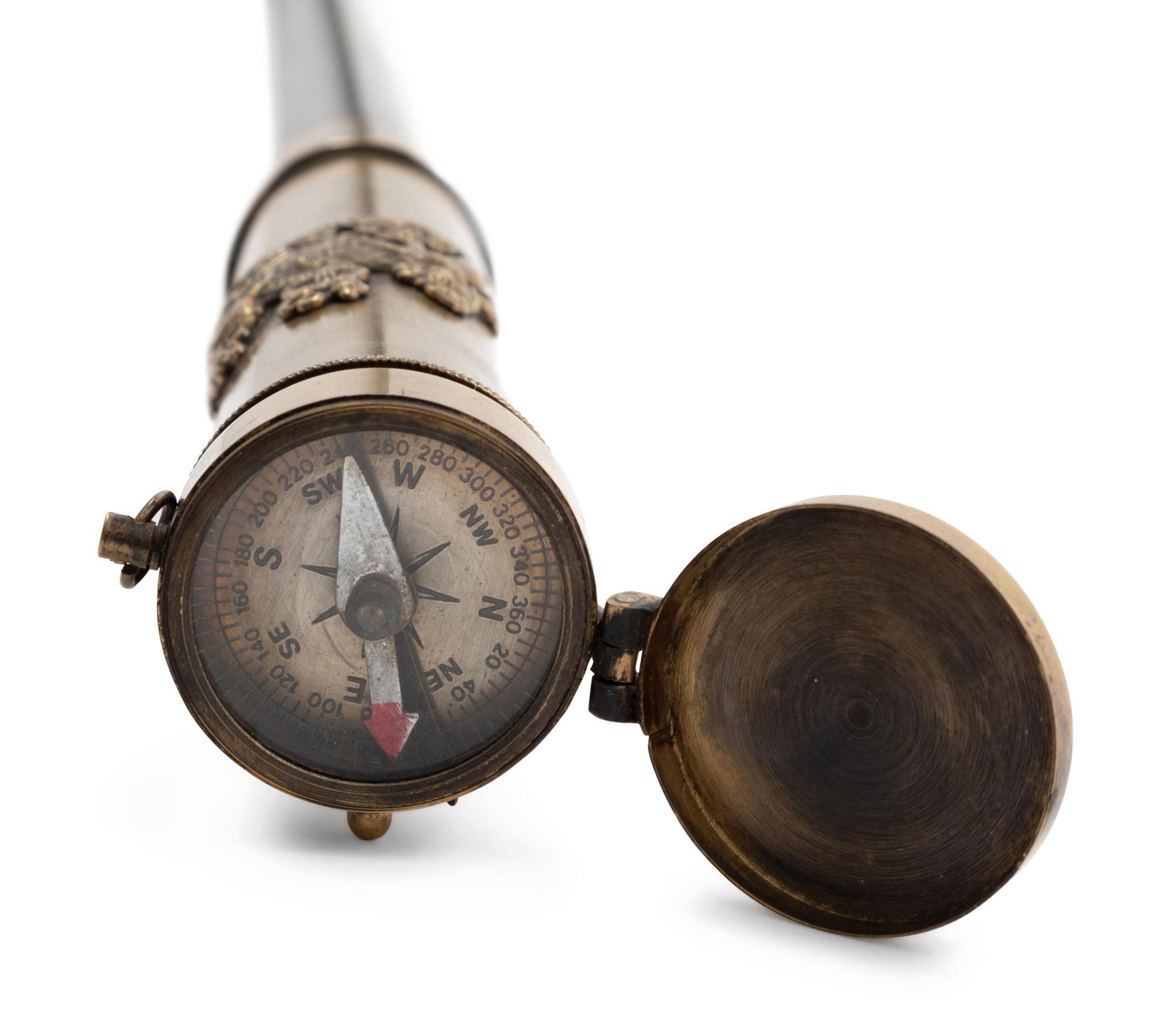 An English Silvered Metal Mounted Brass 'Dieu et mon Droit' Explorer's Walking Stick