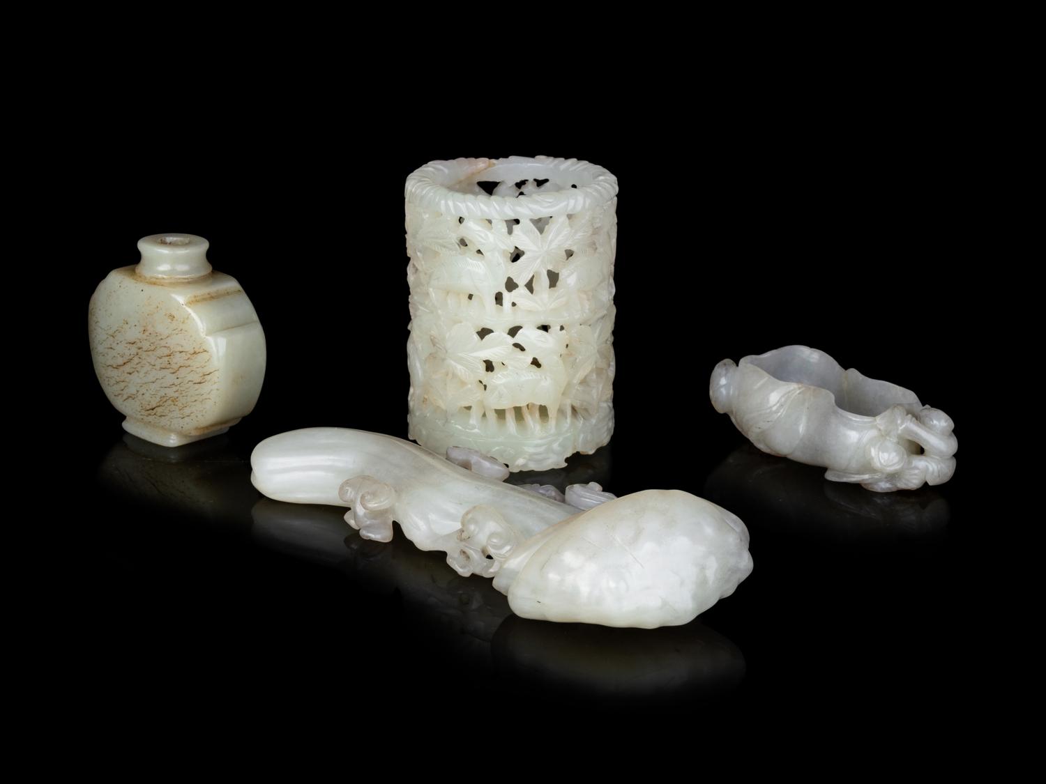 Four Chinese Carved Celadon Jade Scholar's Objects