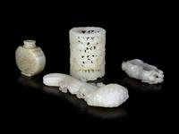 Four Chinese Carved Celadon Jade Scholar's Objects