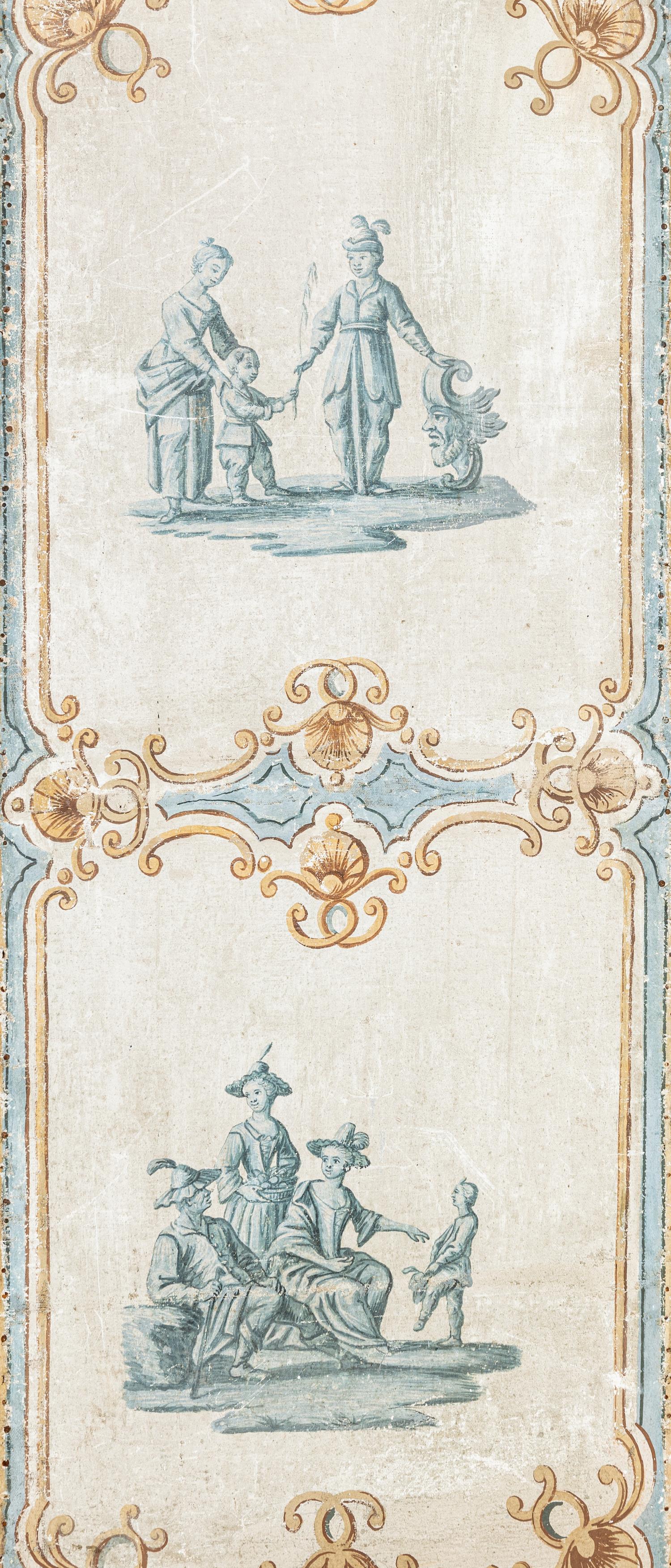A Louis XV Painted Canvas Five-Panel Floor Screen