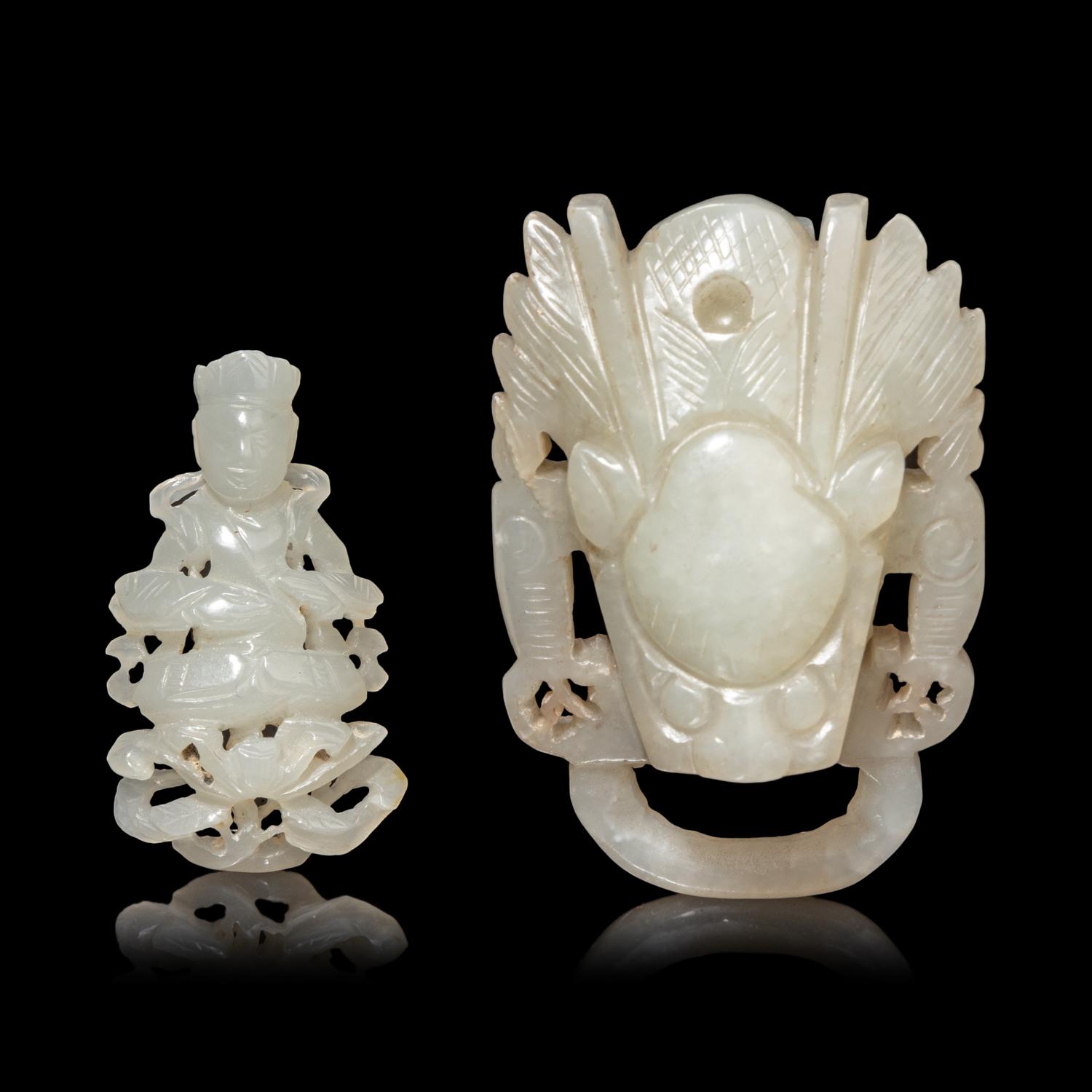 A Small Chinese Pale Celadon Jade Figure of a Bodhisattva and a Celadon Jade 'Dragon' Belt Hook 青白玉觀音及龍鈎