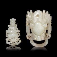 A Small Chinese Pale Celadon Jade Figure of a Bodhisattva and a Celadon Jade 'Dragon' Belt Hook 青白玉觀音及龍鈎