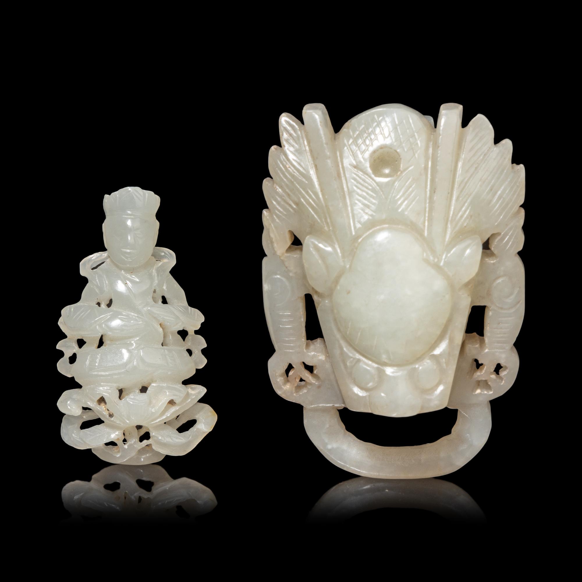 A Small Chinese Pale Celadon Jade Figure of a Bodhisattva and a Celadon Jade 'Dragon' Belt Hook 青白玉觀音及龍鈎