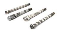 Four Silver or Silvered Metal Opera Glass Holders, Length of longest 7 inches (closed).