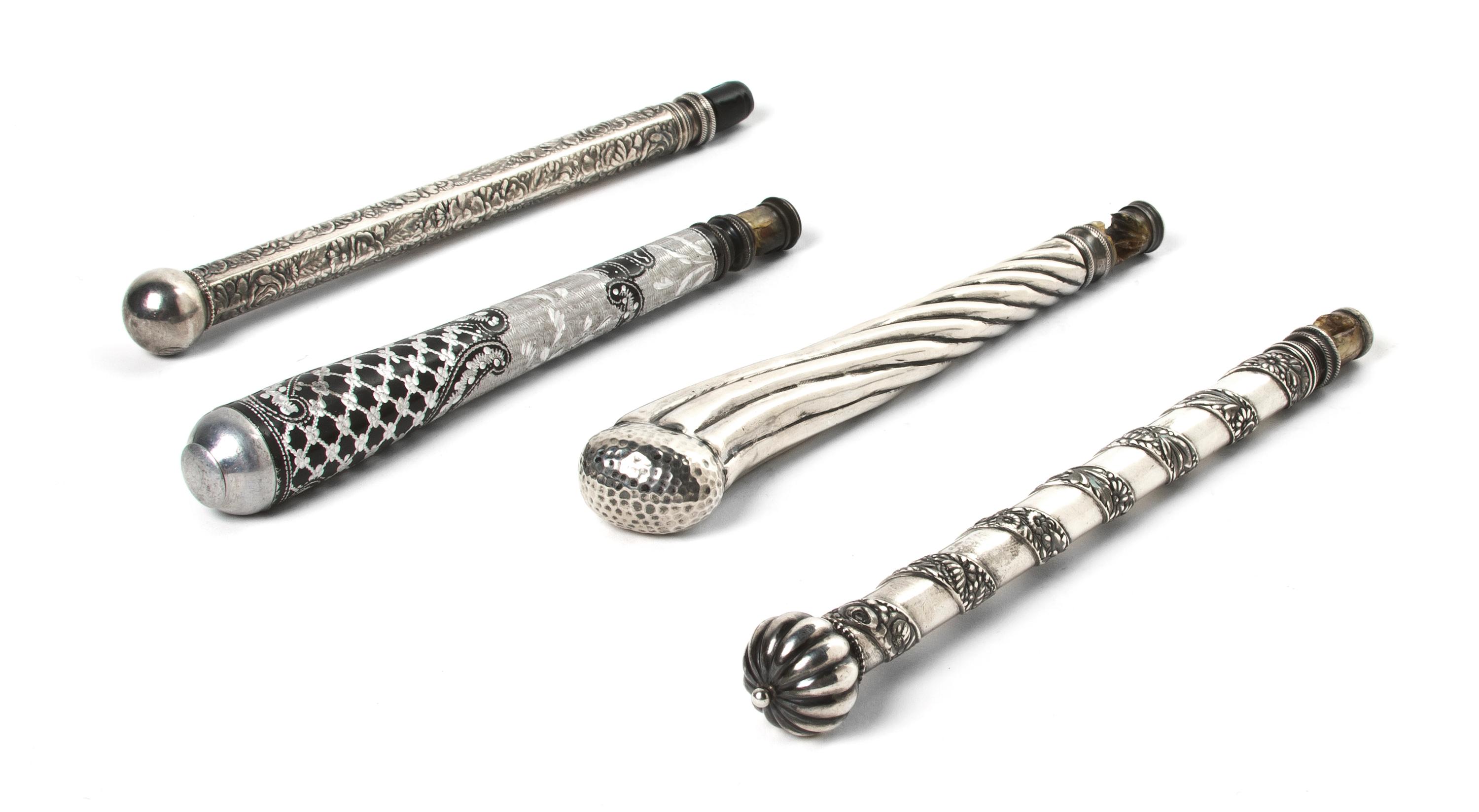 Four Silver or Silvered Metal Opera Glass Holders, Length of longest 7 inches (closed).