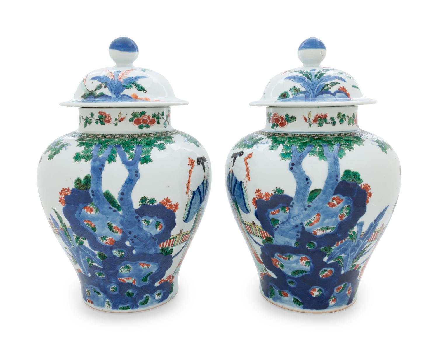 A Pair of Chinese Wucai Porcelain Covered Jars
