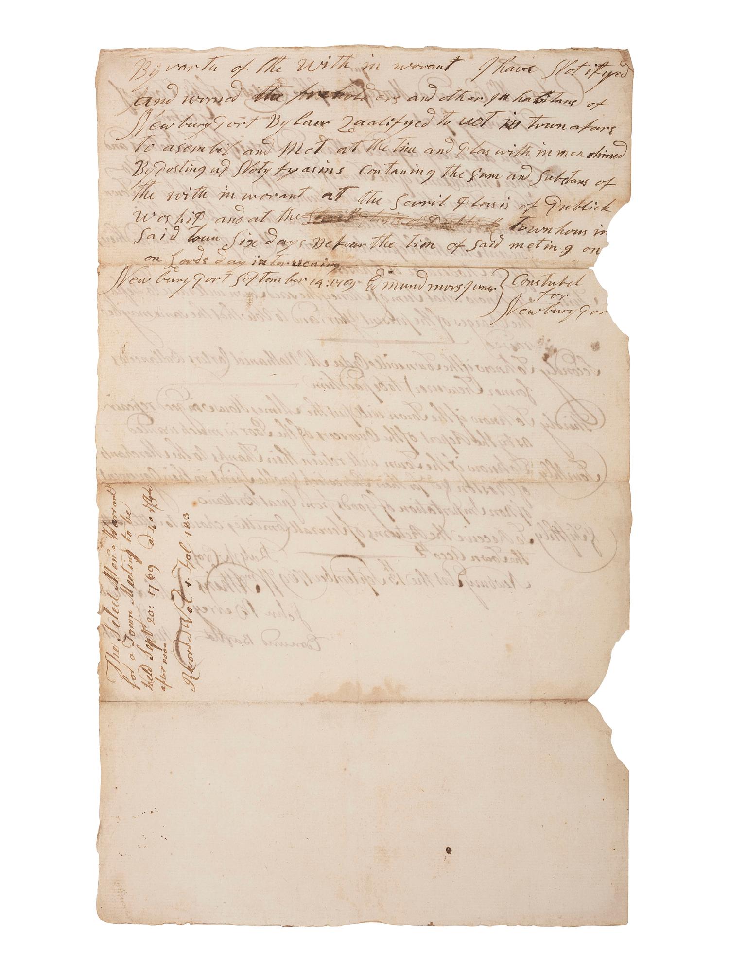 [TOWNSHEND ACT] -- [REVOLUTIONARY WAR]. Manuscript warrant for Town Meeting which includes a resolution related to the Boston Non-Importation agreement. Newburyport, Massachusetts, 13 September 1769.