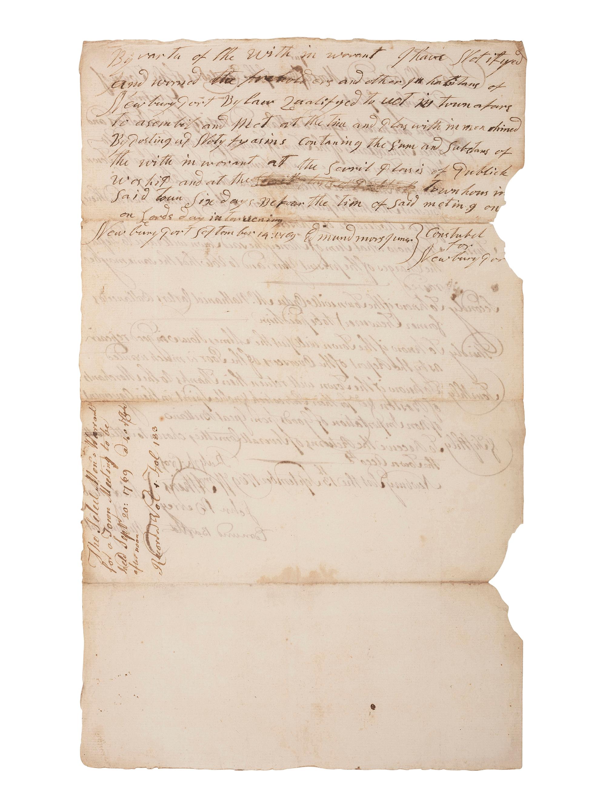[TOWNSHEND ACT] -- [REVOLUTIONARY WAR]. Manuscript warrant for Town Meeting which includes a resolution related to the Boston Non-Importation agreement. Newburyport, Massachusetts, 13 September 1769.