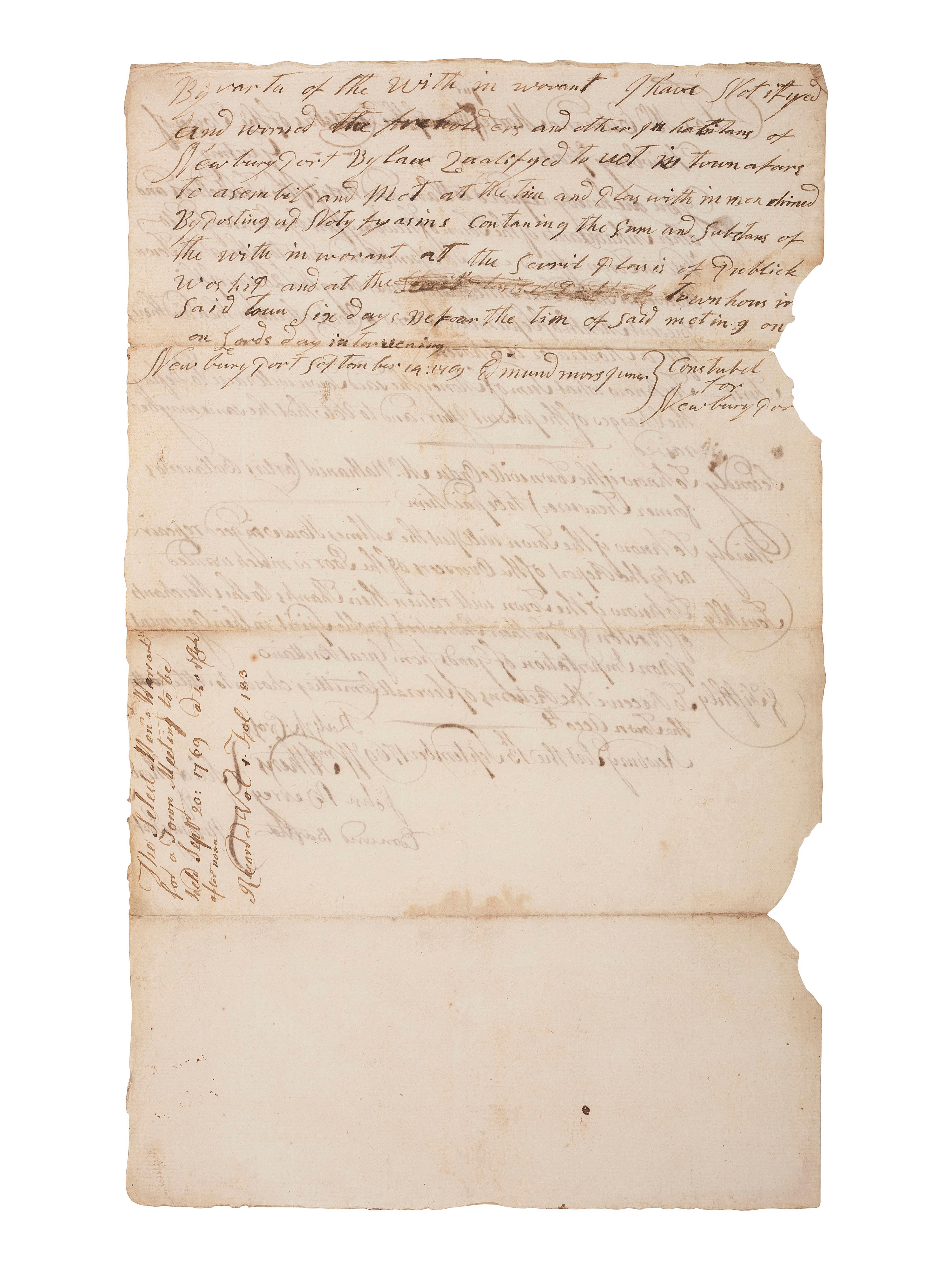 [TOWNSHEND ACT] -- [REVOLUTIONARY WAR]. Manuscript warrant for Town Meeting which includes a resolution related to the Boston Non-Importation agreement. Newburyport, Massachusetts, 13 September 1769.