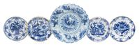 A Group of Five Delft Plates Diameter of largest 13 5/8 inches. — 18TH/19TH CENTURY