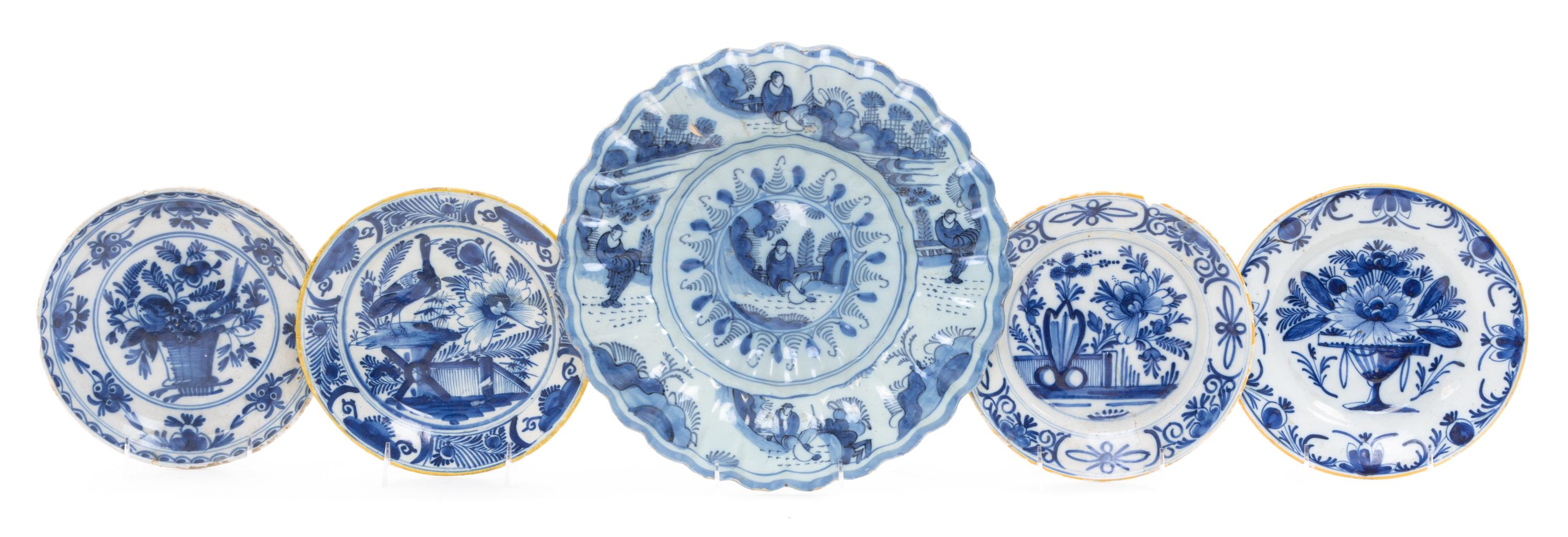 A Group of Five Delft Plates Diameter of largest 13 5/8 inches. — 18TH/19TH CENTURY