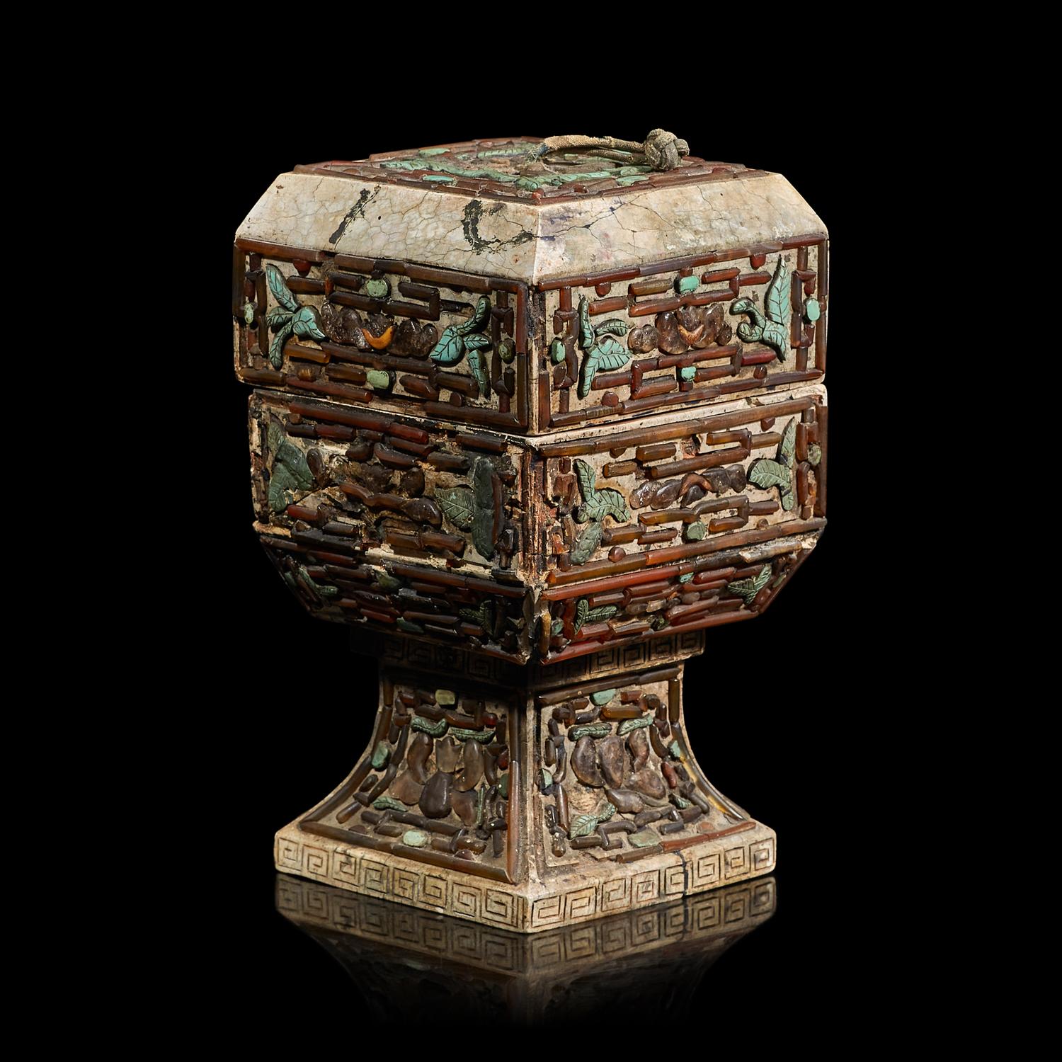 A Chinese Turquoise and Hardstone Inlaid Stone Covered Vessel 嵌寶雕石蓋盒