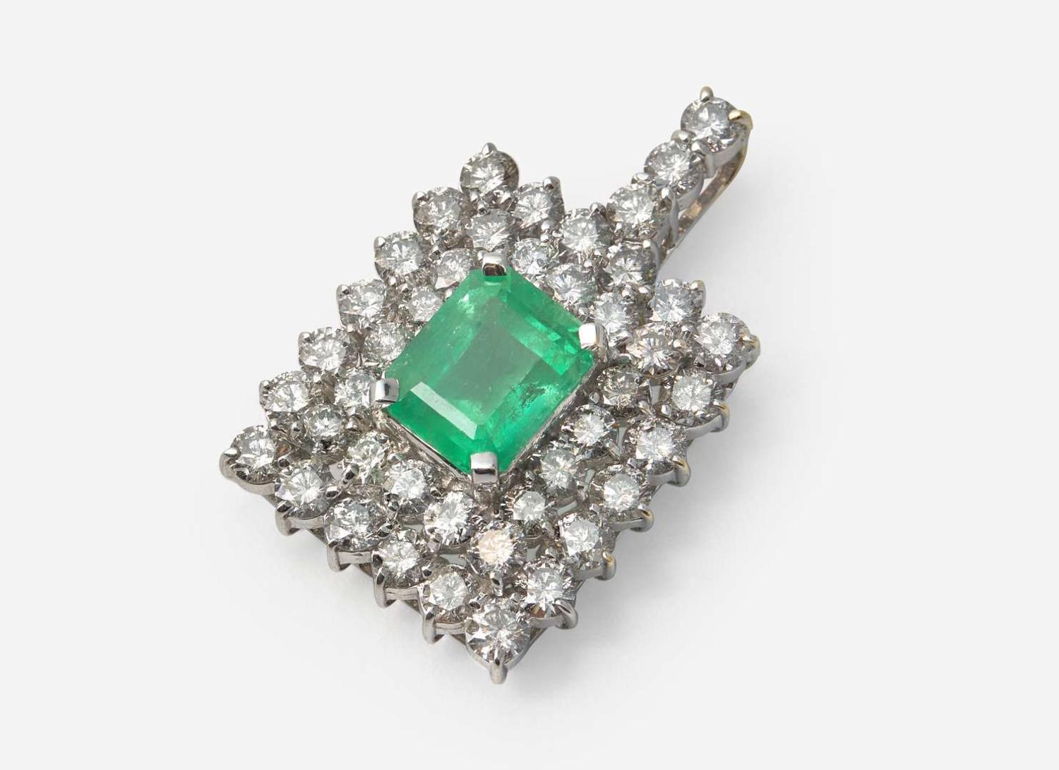 A 14K White Gold, Emerald, and Diamond Pendant, Natural Colombian Emerald, GIA Certified