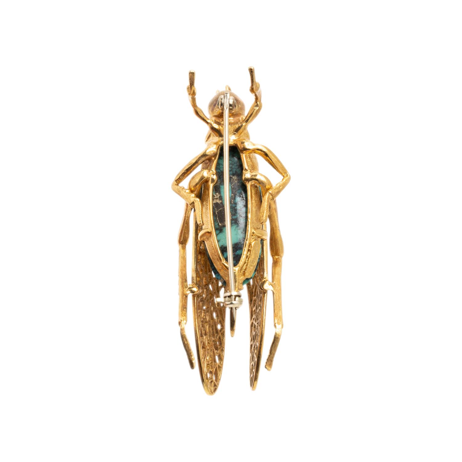 Yellow Gold and Turquoise Grasshopper Brooch