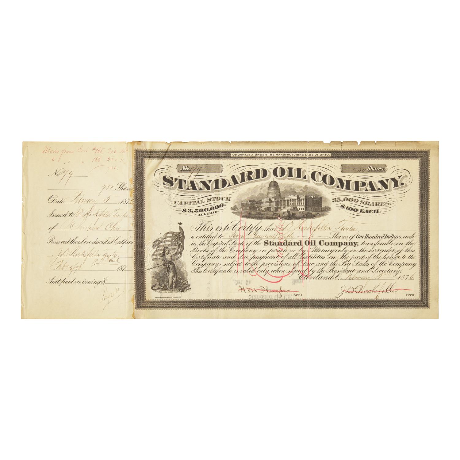 [Business & Finance] Rockefeller, John D. Printed Stock Certificate, Signed.