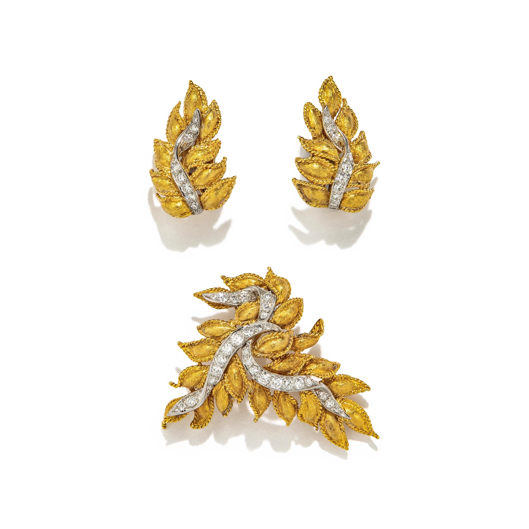 YELLOW GOLD AND DIAMOND BROOCH AND EARRINGS