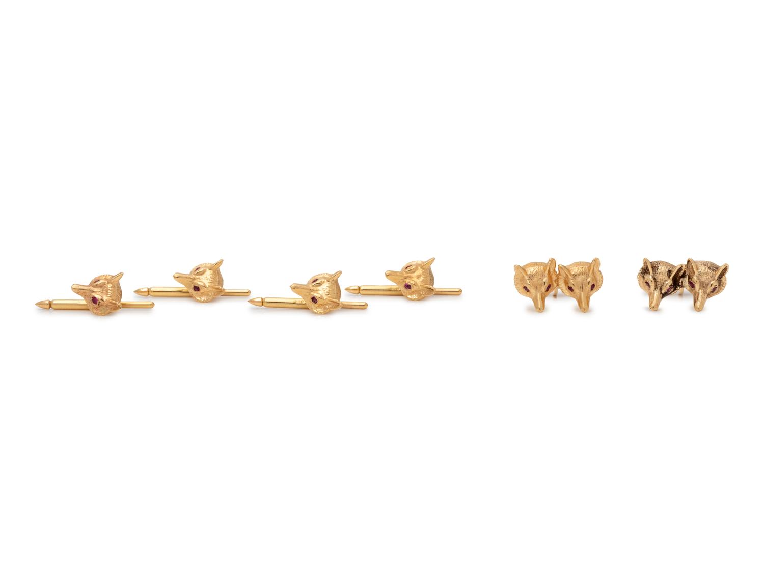 A 14 Karat Yellow Gold and Ruby Fox Dress Set,