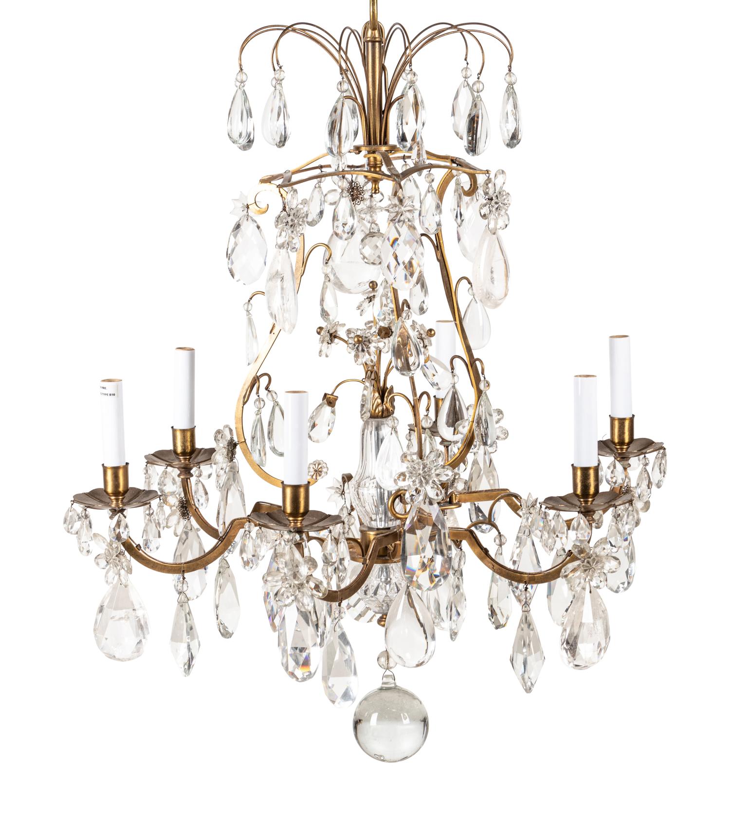 A French Gilt Bronze and Rock Crystal Six-Light Chandelier
