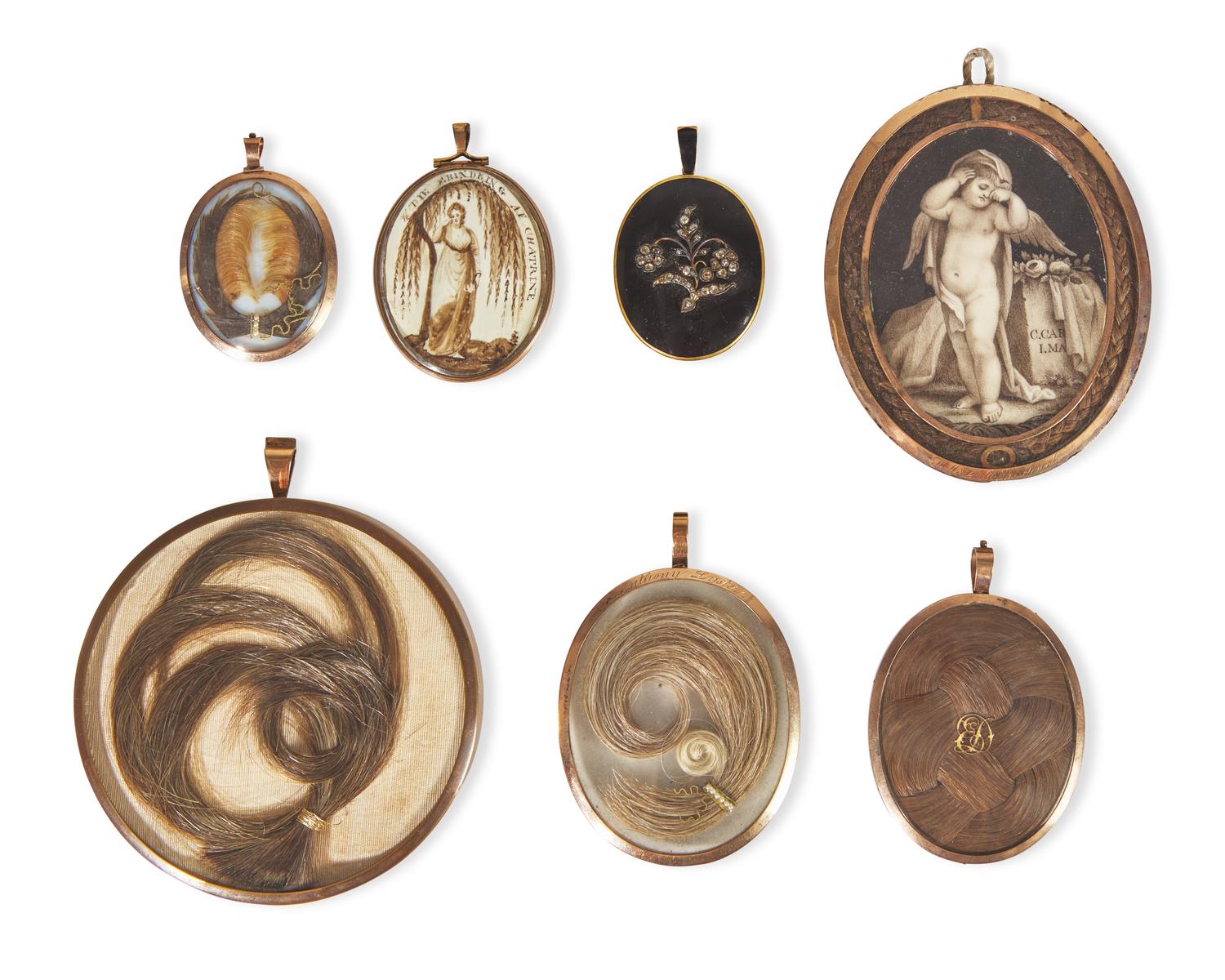A collection of seven English and European mourning pendants, 18th / 19th century