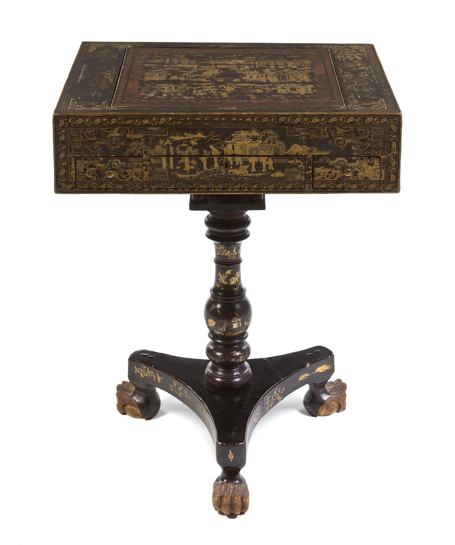 A Regency Lacquered Games Table, Height 29 5/8 x width 23 3/4 x depth 19 3/4 inches.