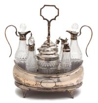 An English Silver and Cut Glass Cruet Set, London, 1805, having eight pieces