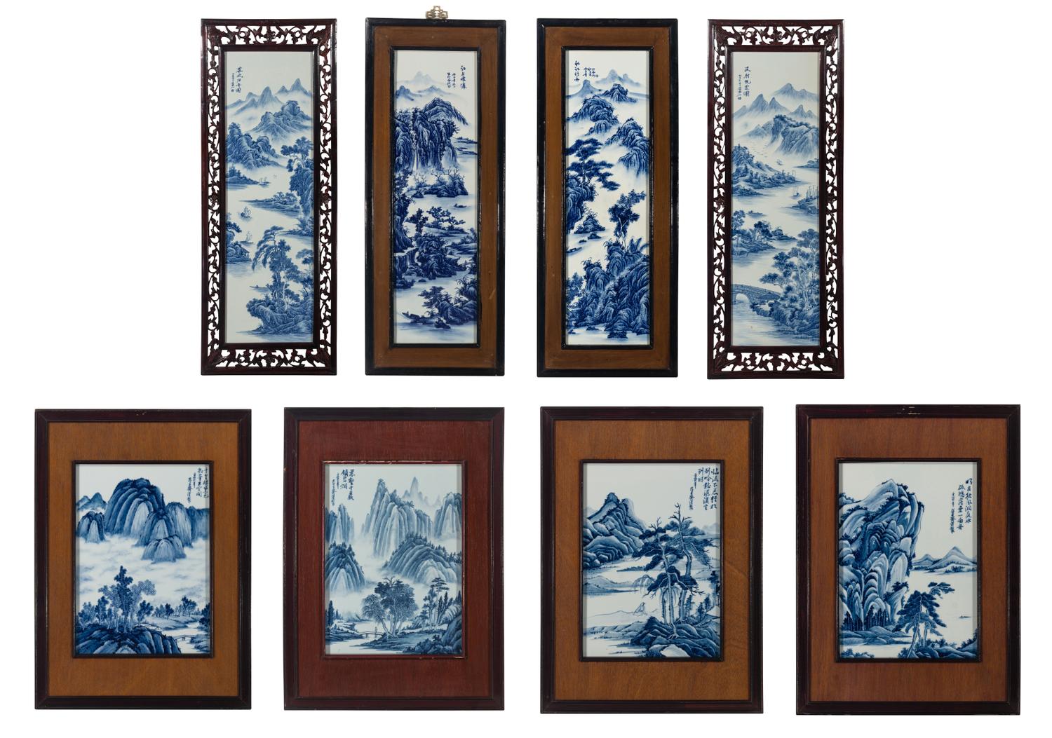 Eight Chinese Blue and White Porcelain Plaque Inset Hanging Panels 青花山水圖掛屏八扇