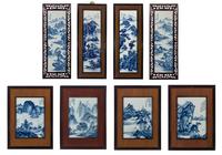 Eight Chinese Blue and White Porcelain Plaque Inset Hanging Panels 青花山水圖掛屏八扇