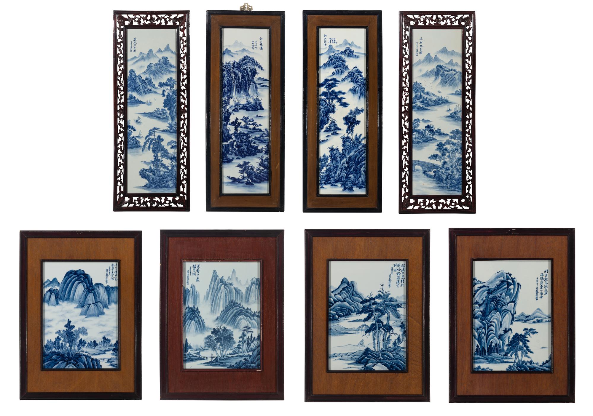 Eight Chinese Blue and White Porcelain Plaque Inset Hanging Panels 青花山水圖掛屏八扇