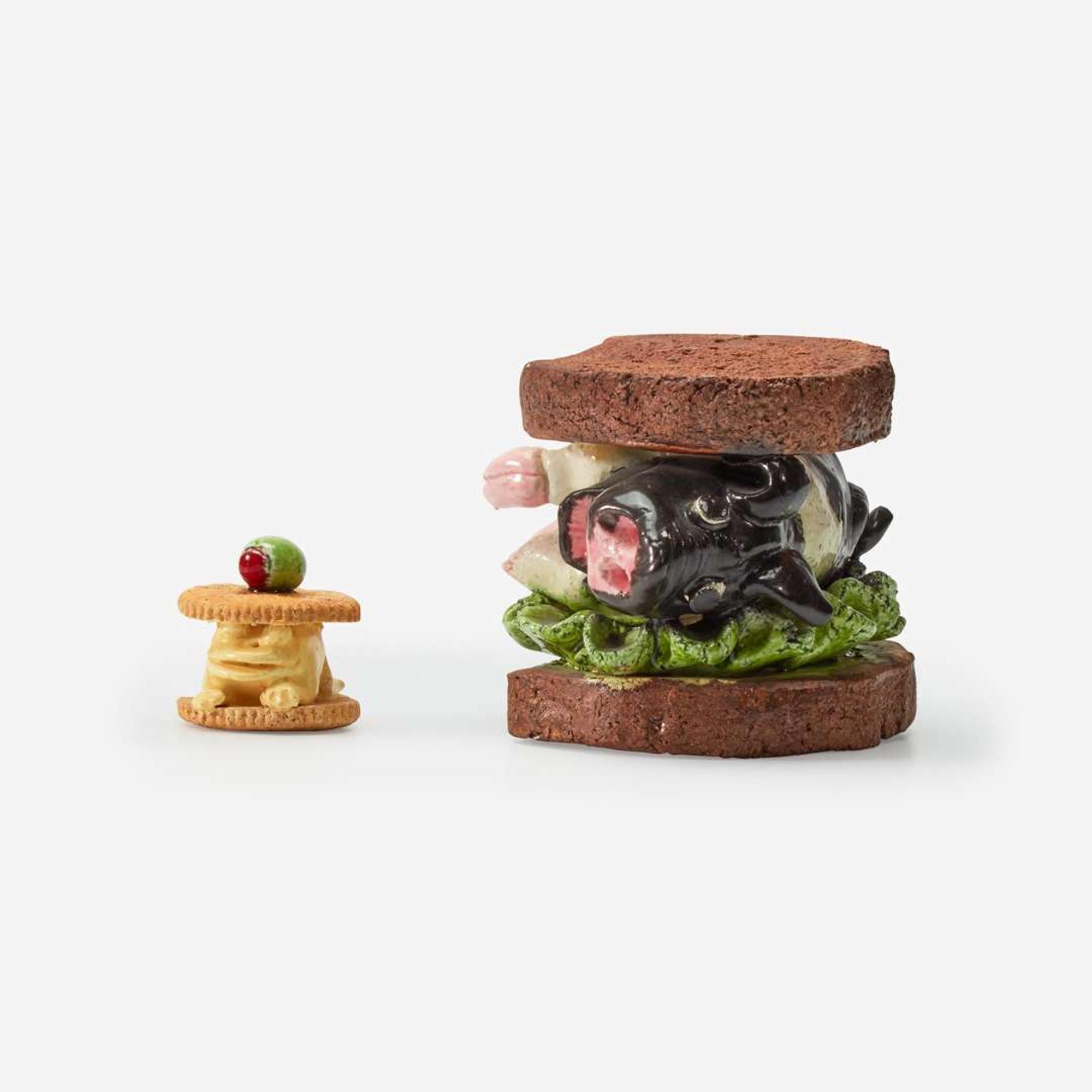 David Gilhooly Two Works: "Pork Sandwich" and "Cheez Whiz Frog on Ritz", USA, circa 1982