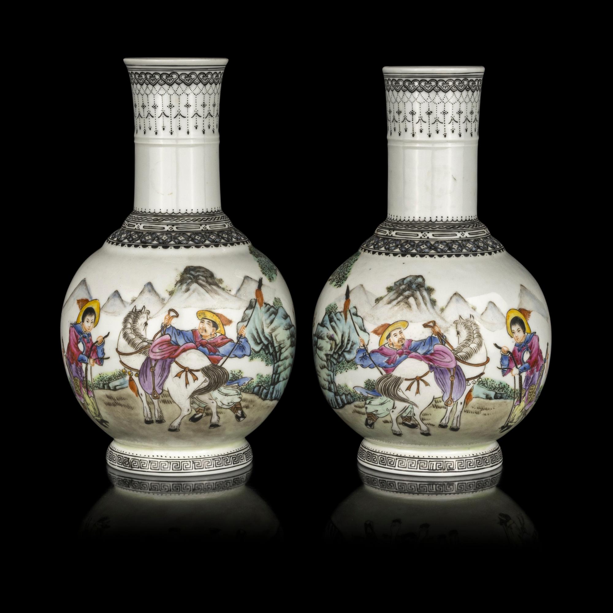 A Pair of Chinese Famille Rose Porcelain Bottle Vases