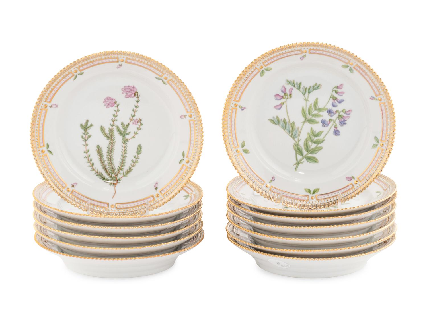 A Set of Thirteen Royal Copenhagen Flora Danica Porcelain Salad Plates