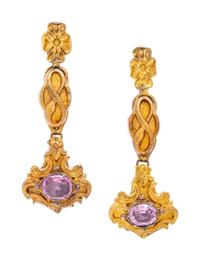 A Pair of Victorian Yellow Gold and Amethyst Screwback Earrings,